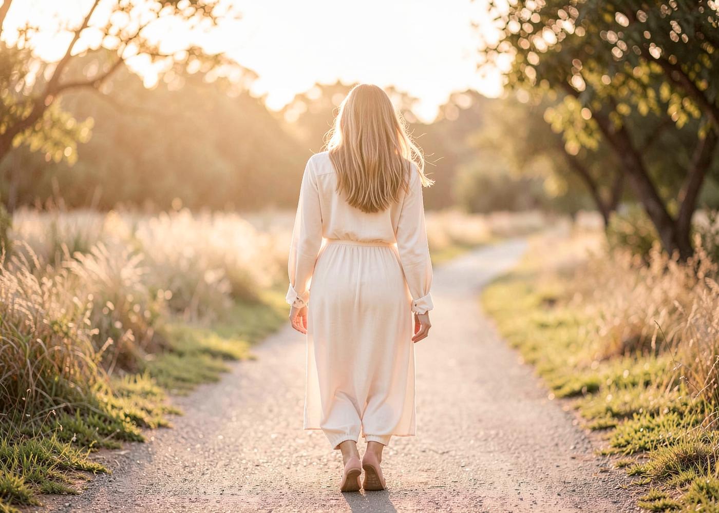 Woman walking a quiet path in warm golden light