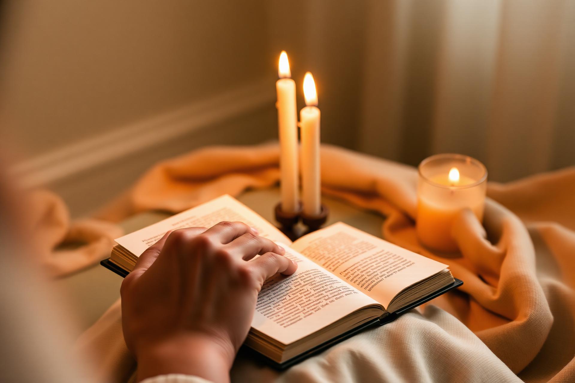 Hands journaling by warm candlelight